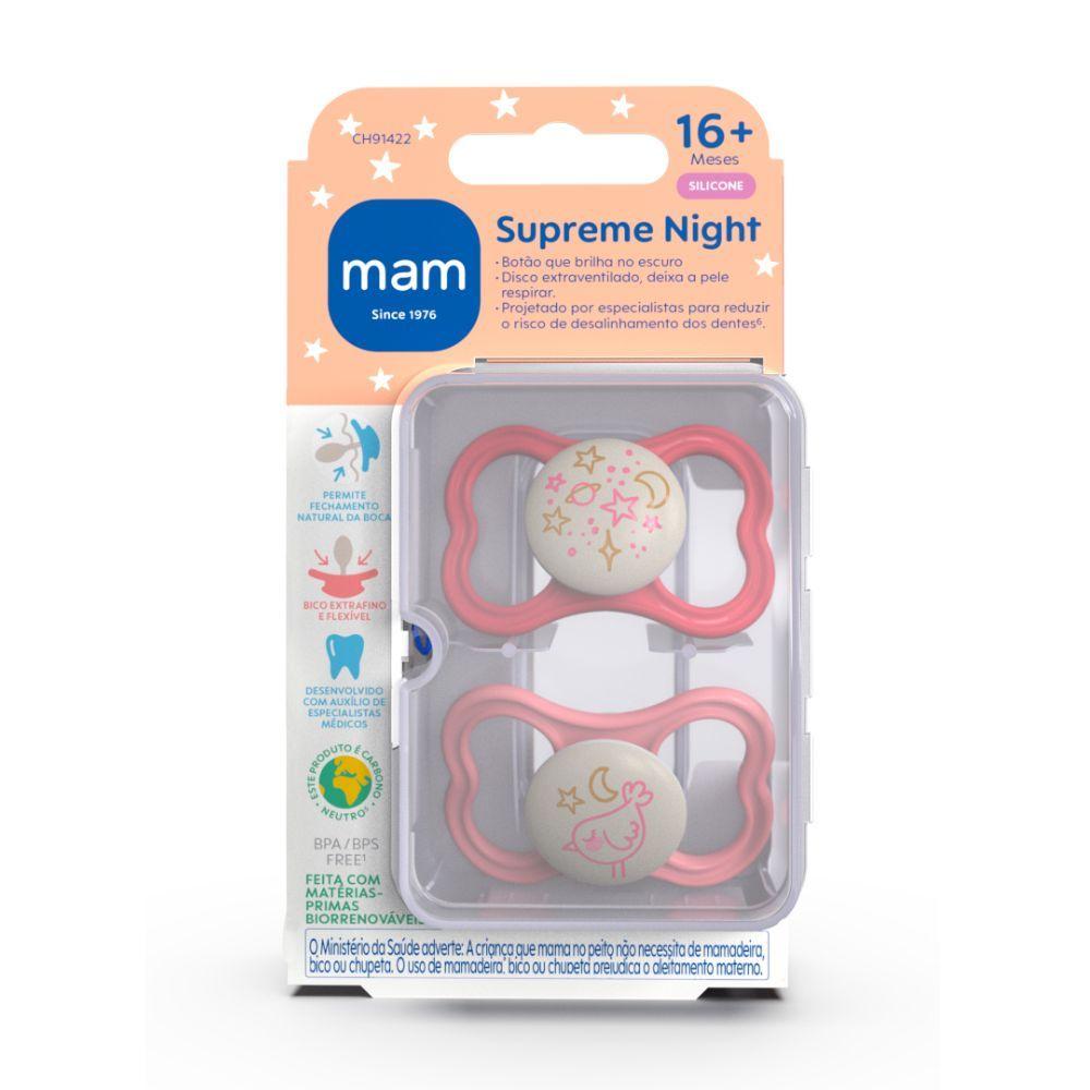 Chupeta Mam Supreme Night 16+ Mese Silicone Cor Rosa Com 2 Unidades