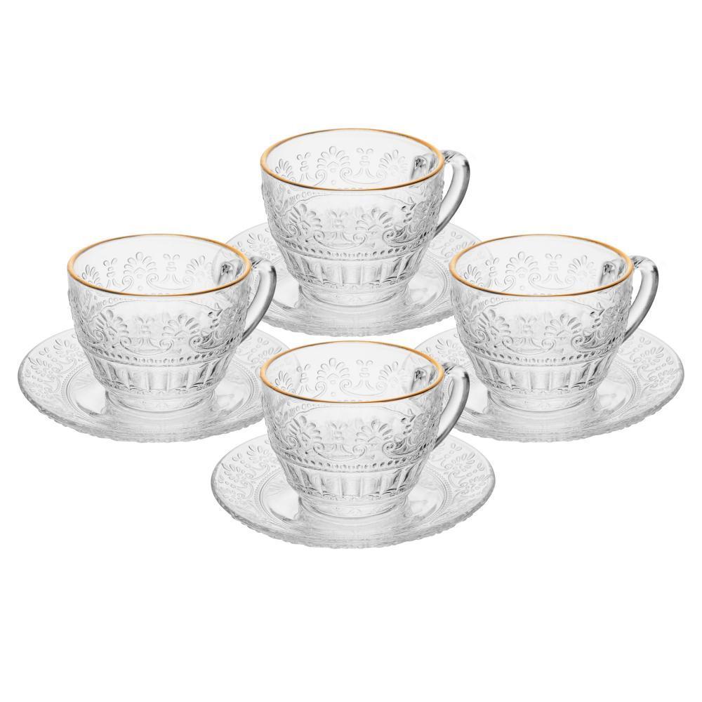4 Xícaras Chá Com Pires Wolff Mauve Fio Ouro 220ml Cristal