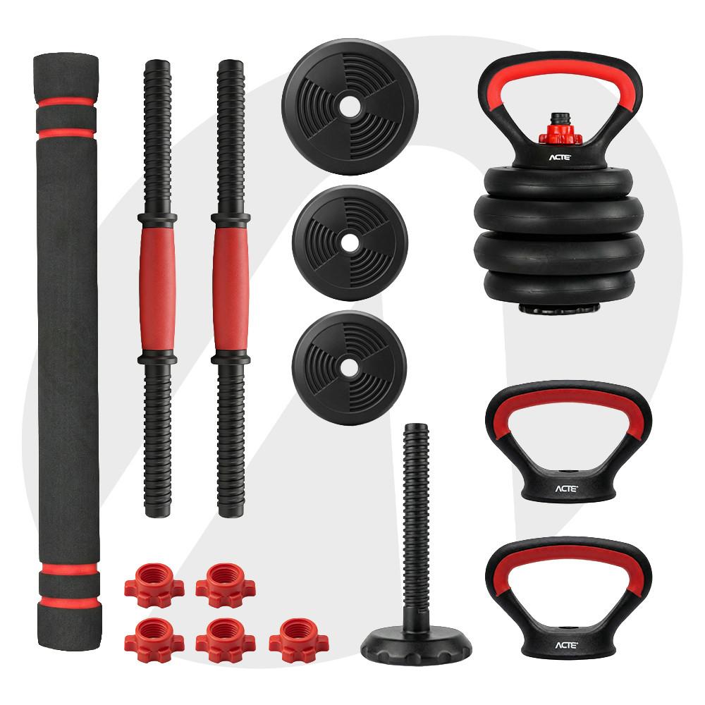 Kit Halteres Ajustável 6 Em 1 Acte S200 - 20kg Barra Longa Kettlebell Peso Regulável Musculação Treino Em Casa Compacto