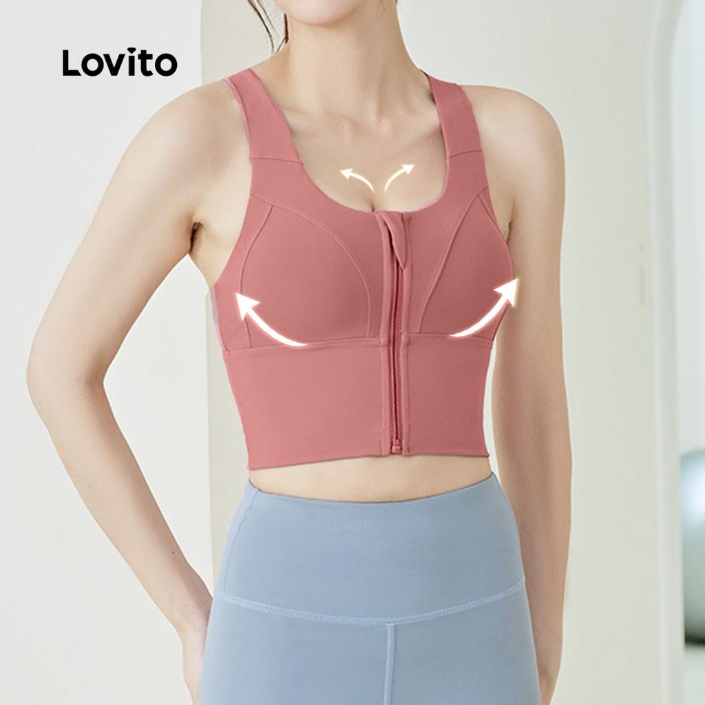 Lovito Casual Top Fitness Feminino Zíper 4-way Stretch Suporte Médio Com Fecho Azul