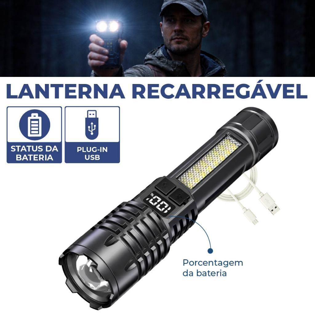 Lanterna Recarregável LED Com Painel Status De Bateria Carregador USB Bivolt