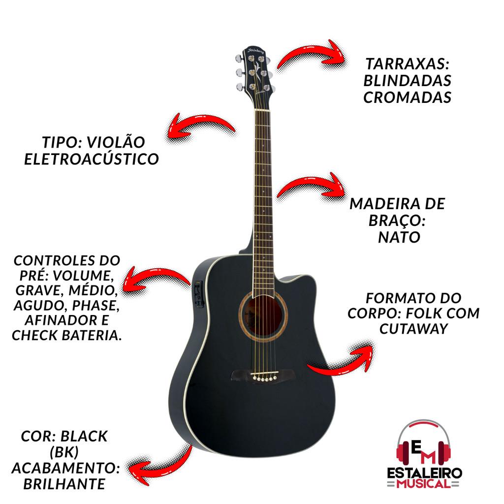 Violao Strinberg London Bk Preto Brilhante Elétrico Folk Aço + Acessórios