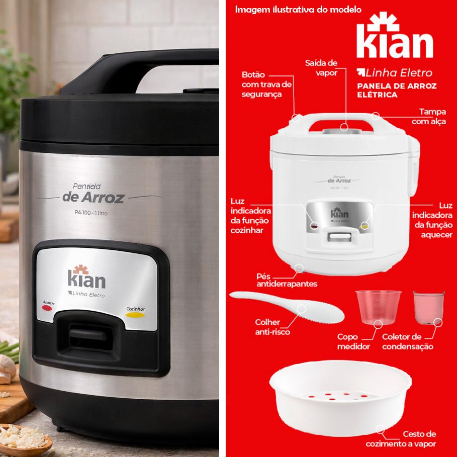 Panela De Arroz Elétrica 5 Xícaras 1L Kian Pa100 Inox - 127V