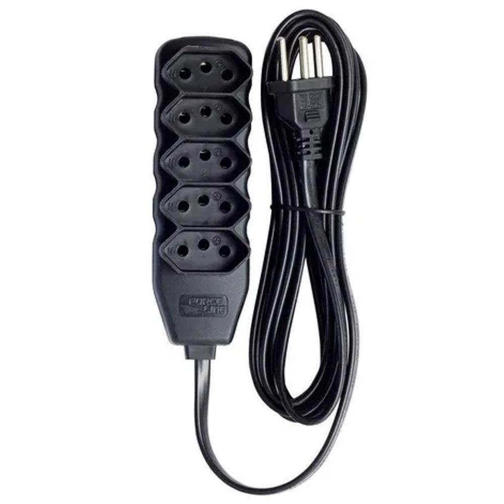 Extensão Elétrica 5 Tomadas 3 Pinos 10A 3 Metros Preta Force Line