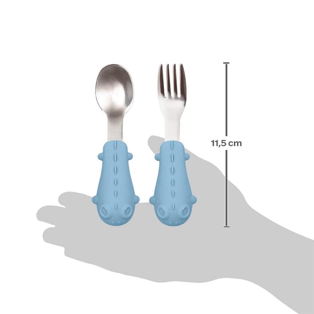 Kit Talheres Colher E Garfo Cabo Em Silicone Buba Dino Azul