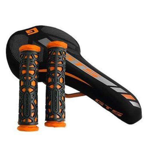 Kit Banco Selim Gts Bicicleta Mtb Speed Preto/laranja + Manopla Bike Preto Laranja