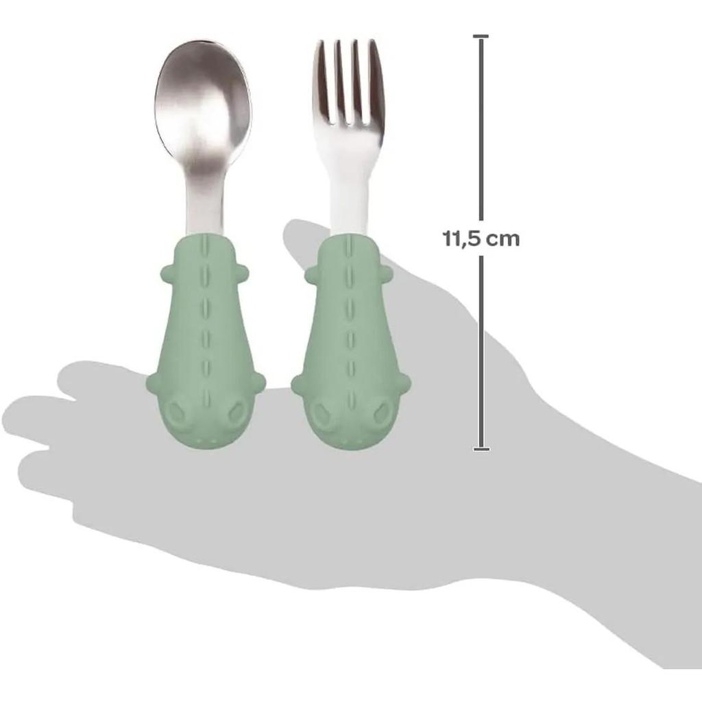 Kit Talheres Colher E Garfo Cabo Em Silicone Buba Dino Verde