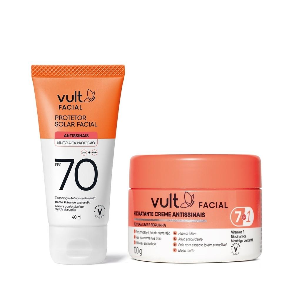 Combo Vult Antissinais Protetor Solar Facial Antissinais FPS 70 40ml + Creme Facial Hidratante Antissinais 7 Em 1 100g