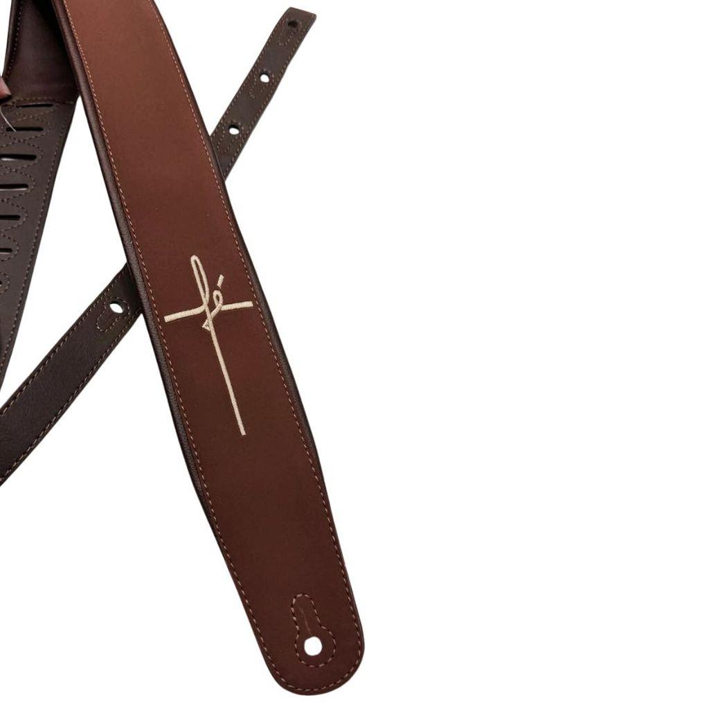 Correia Alça Gospel Guitarra Violão Baixo Viola Acolchoada Bordada - Basso Cla Fé Marrom + 2 Palhetas