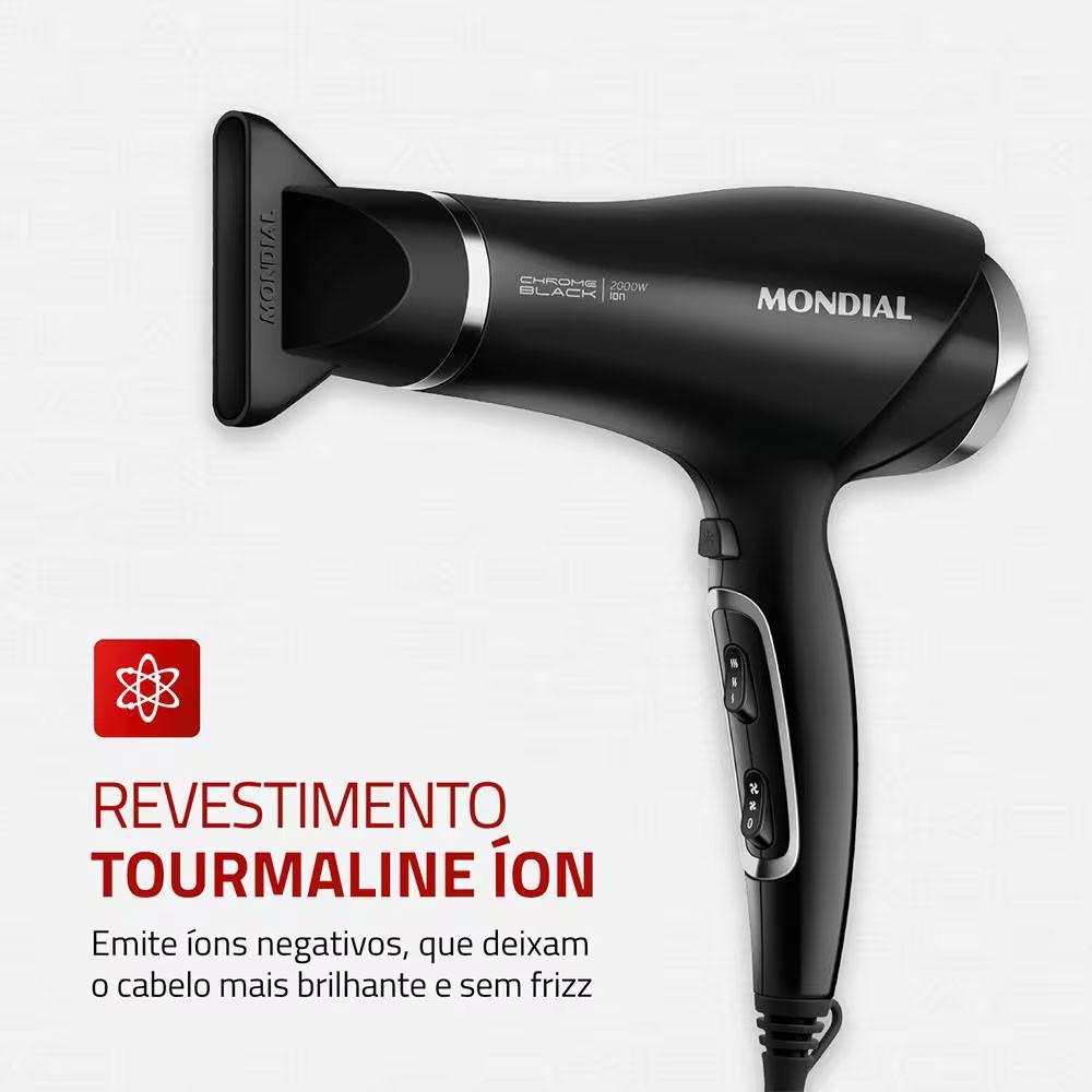 Secador De Cabelos Mondial Scn-04 Chrome Black 2000w Tourmaline Íon 3 Temperaturas