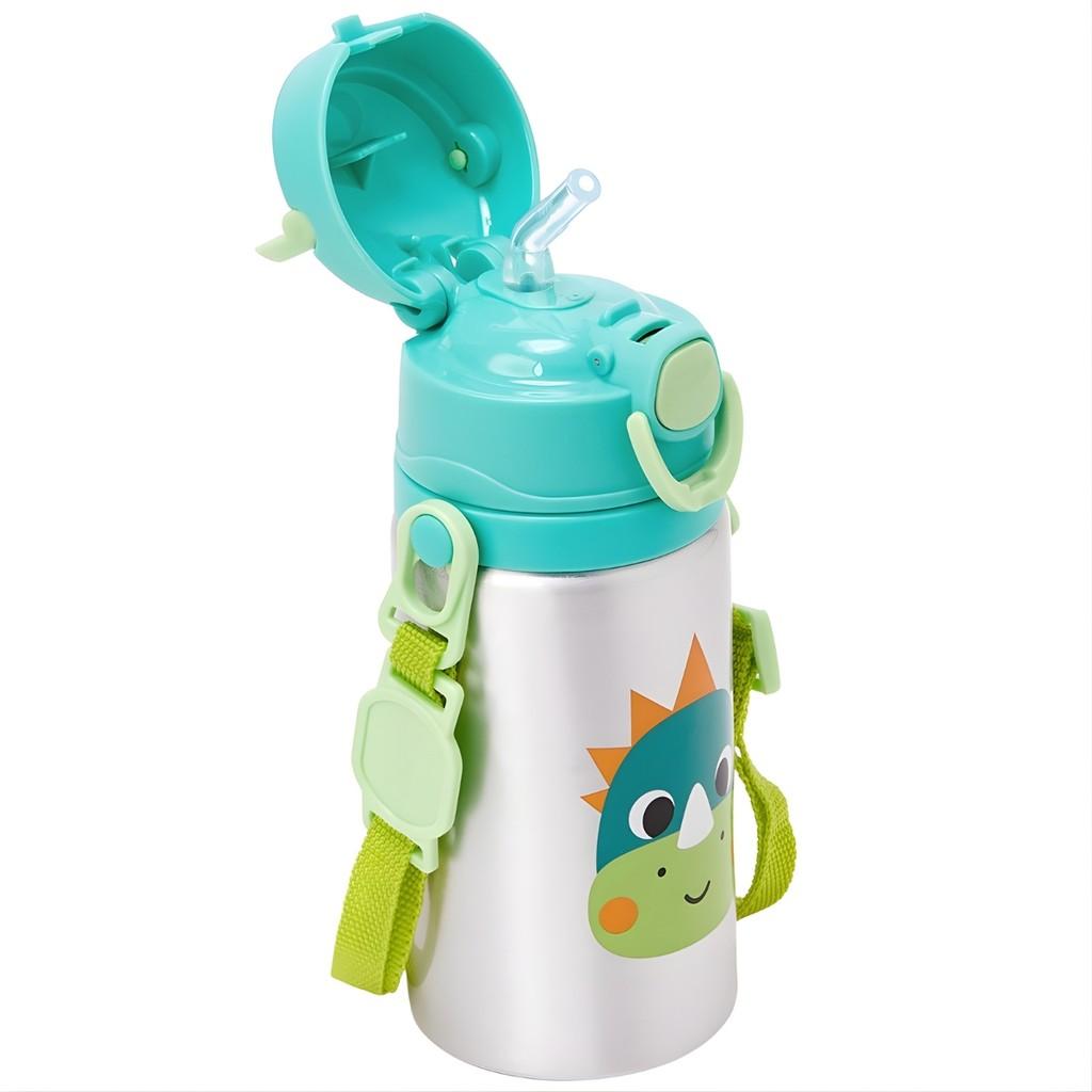 Garrafinha De Alumínio Infantil Buba Zoo Dino Com Canudo E Alça 450 Ml - Buba