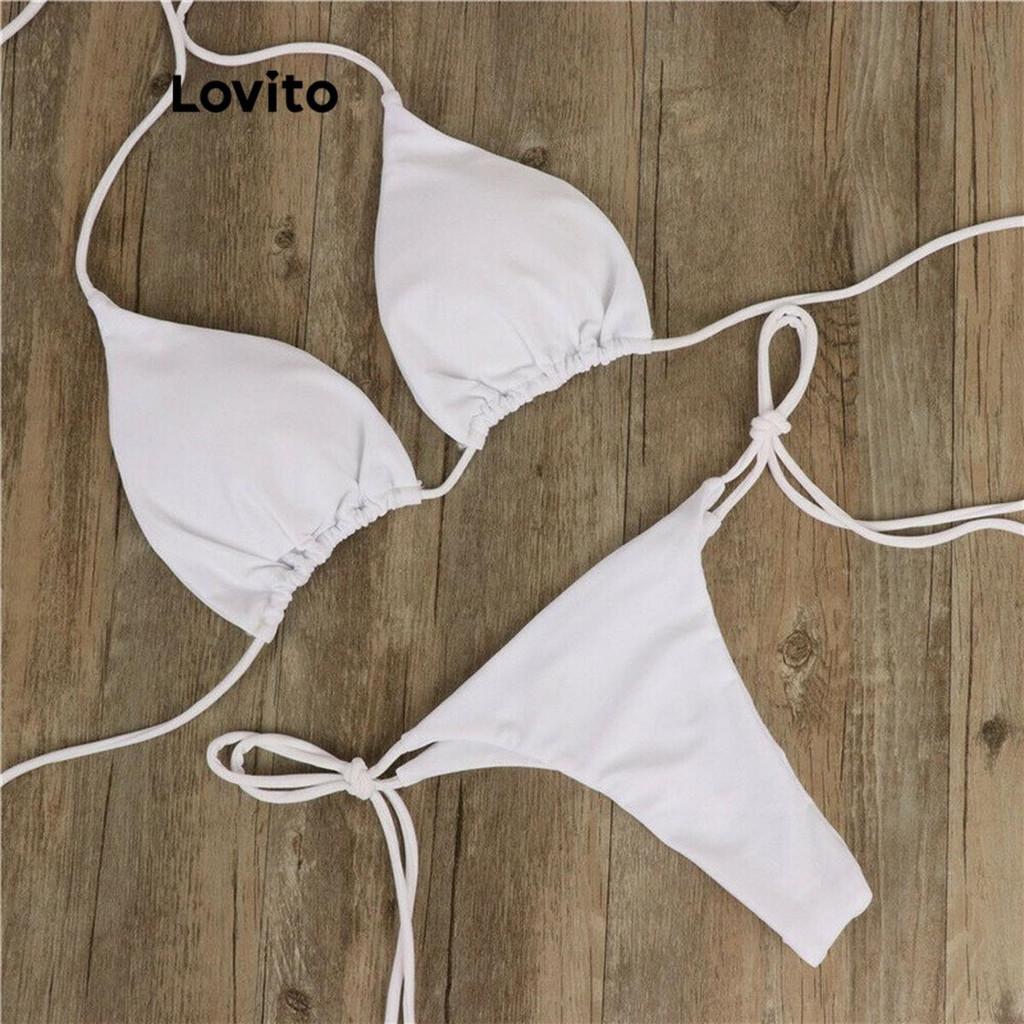 Lovito Férias Conjuntos De Biquíni Glamouroso Conjuntos De Biquíni Lisos Com Cadarço Bordado