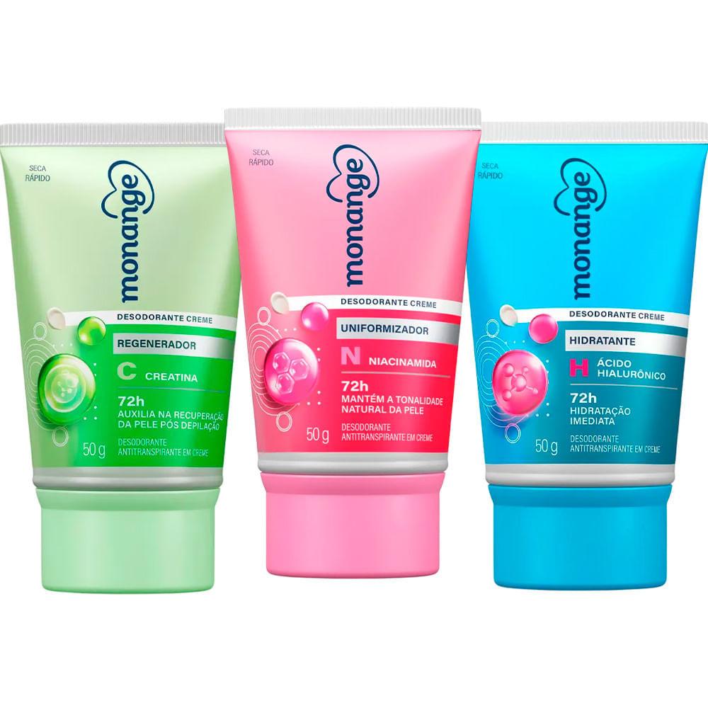 Kit Monange Desodorante Antitranspirante Creme Feminino 72h 50g - 3 Produtos