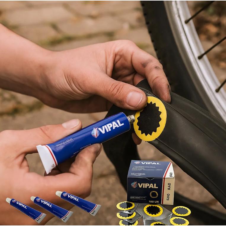 30 Remendos R00 + Cola Vipal Original Reparo Câmara De Ar Bicicleta Moto