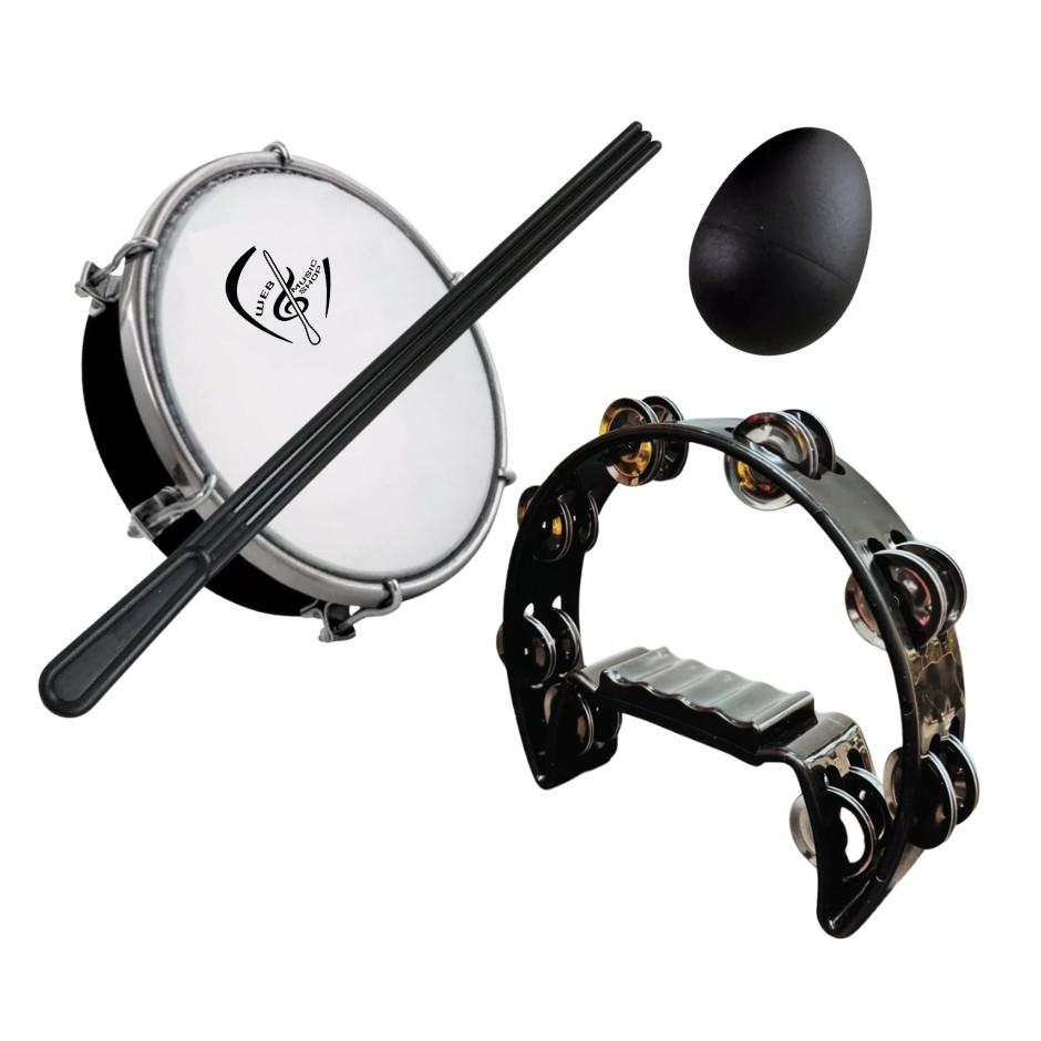 Kit Pandeiro Meia Lua Bk+ Tamborim Wb Com Baqueta Tripla + 2 Ovo Ganzá De Percussão