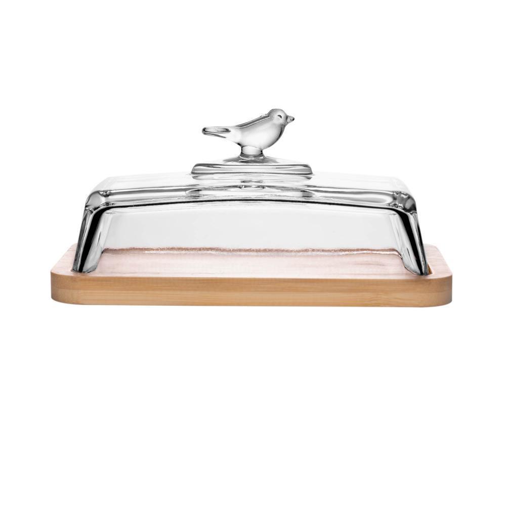 Manteigueira Com Tampa De Vidro 17cm Base De Bambu Bird Wolff Para Servir E Proteger Manteiga