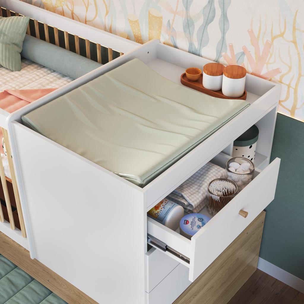 Berço Americano Multifuncional Com Cômoda Integrada Com Trocador E Cama Auxiliar Aveiro Com Branco