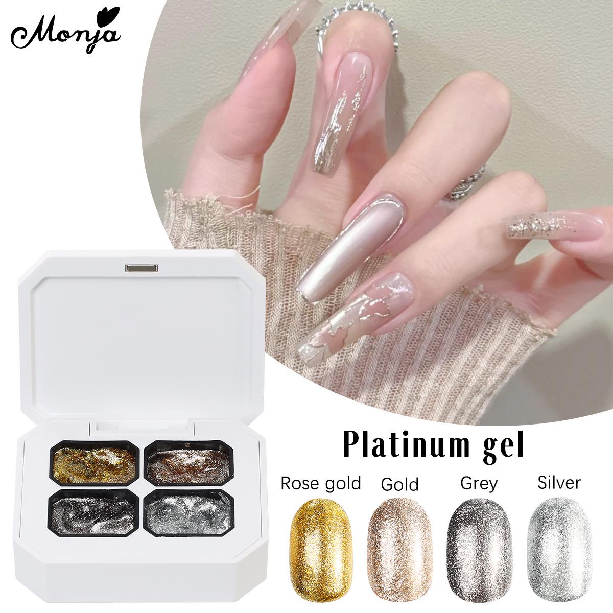 Monja 4 Cores Glitter Gel Platina Esmalte De Unha Flash Refletivo Pintura Híbrida Gel Desenho Brilhante Removível Uv Gel